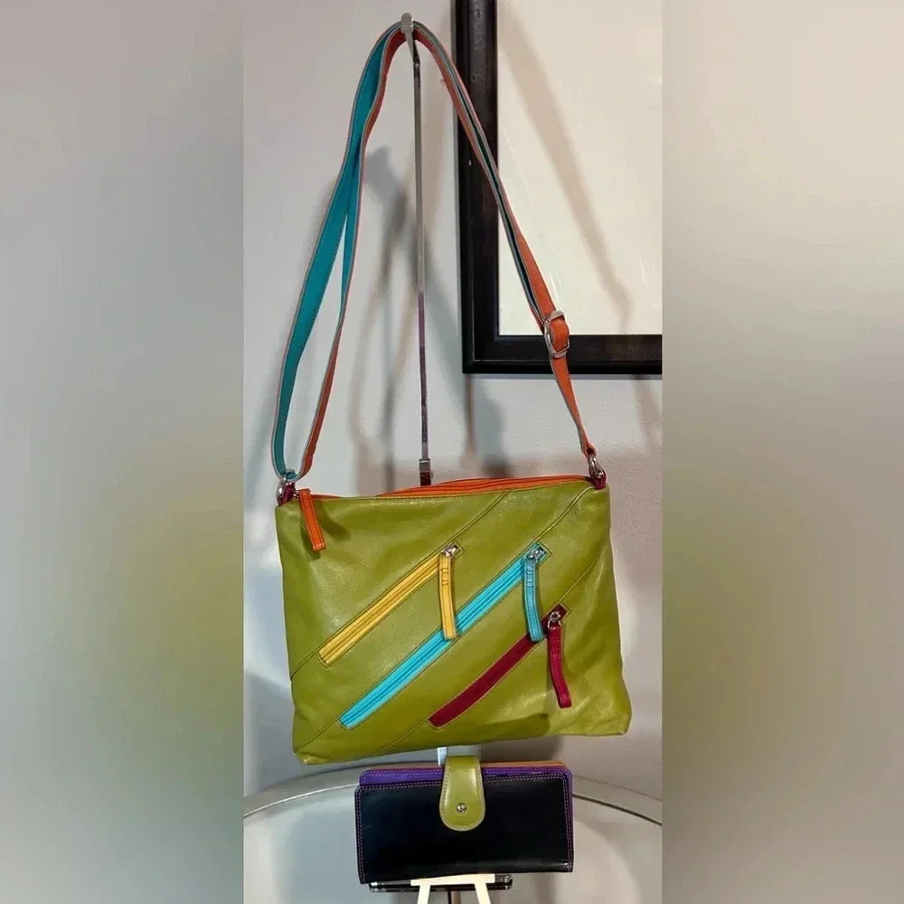 EUC ILI Green & Red Leather Crossbody Bag and Matching Wallet